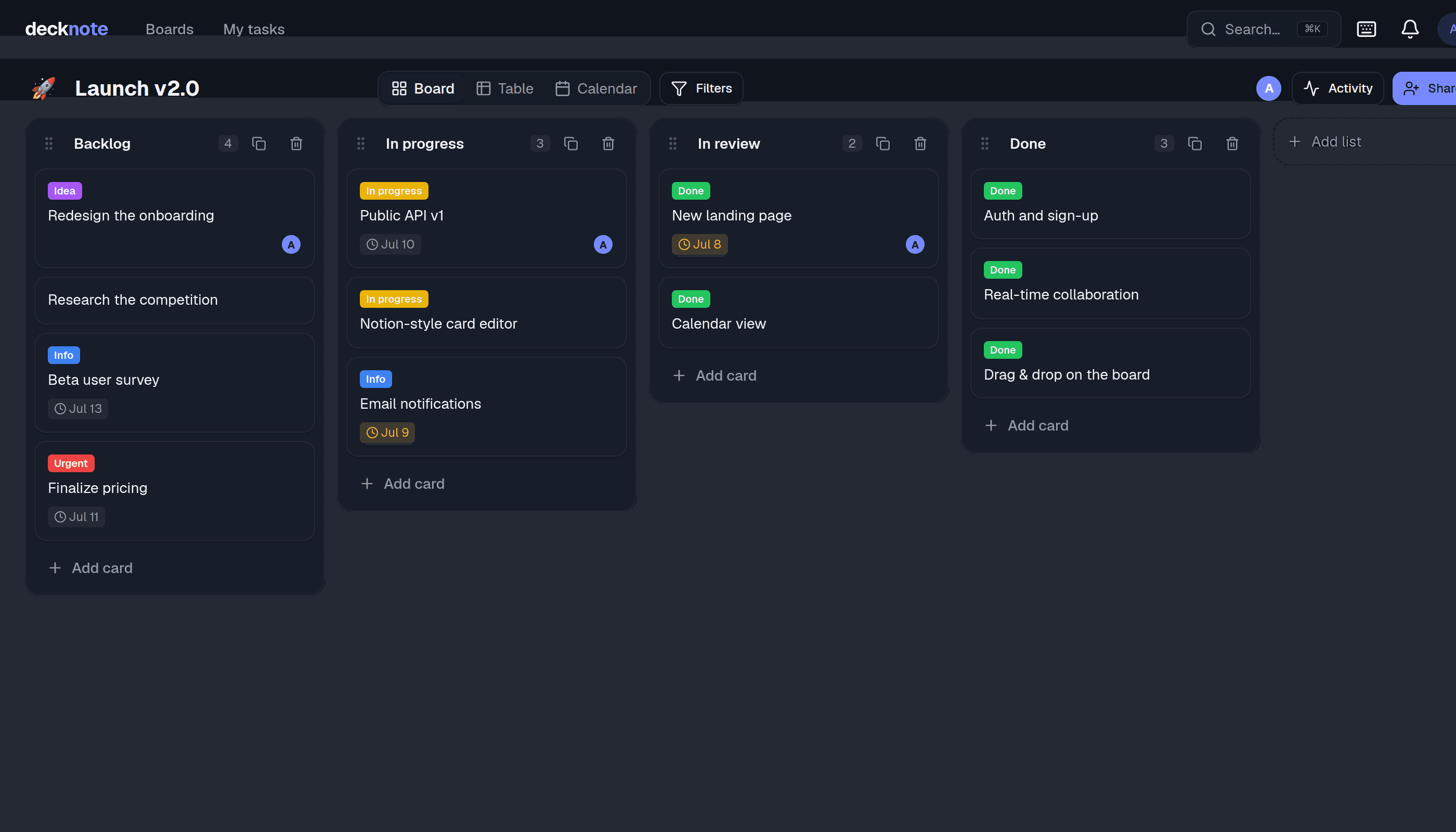Decknote kanban board “Lanzamiento v2.0” with cards, colored labels, dates and assigned owners